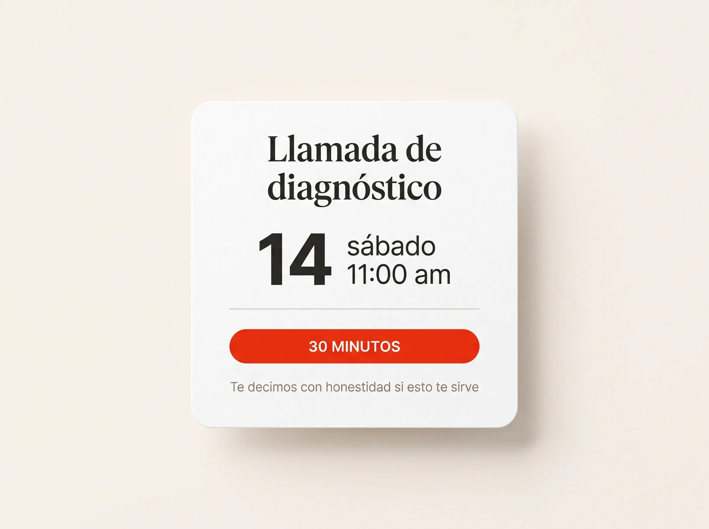 Tarjeta de calendario con una llamada de diagnóstico agendada el sábado a las 11:00 am, de 30 minutos